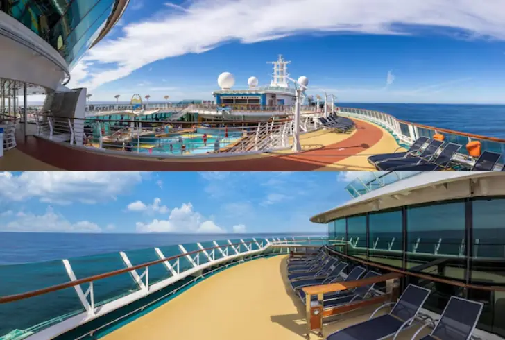 Panoramic cruise ship deck with ocean view