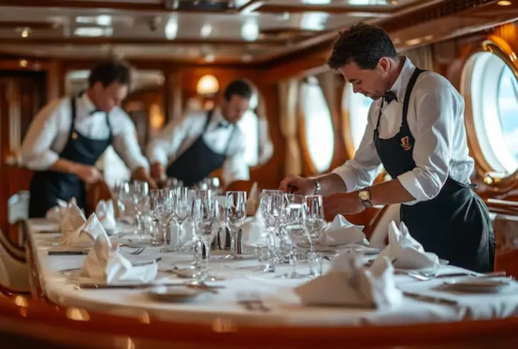 Cruise ship crew working onboard ship