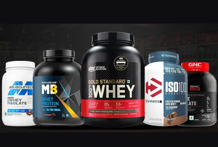 Protein powder containers on table