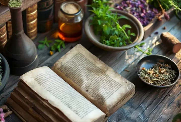 Ancient book with herbs and remedies